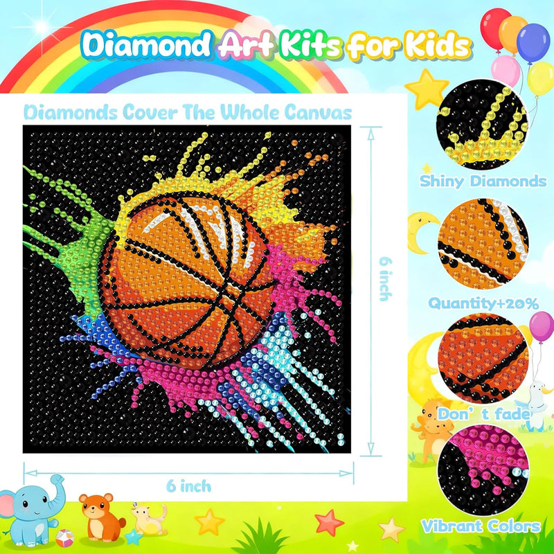 bleihum 4 Pack Diamond Art Painting Kits for Kids Ages 8-12 Sports 6X6inch | Small Diamond Art for Kids Ages 8-12, Cute Football Gem Arts and Crafts for Kid Ages 8-12 Gift Home Decor