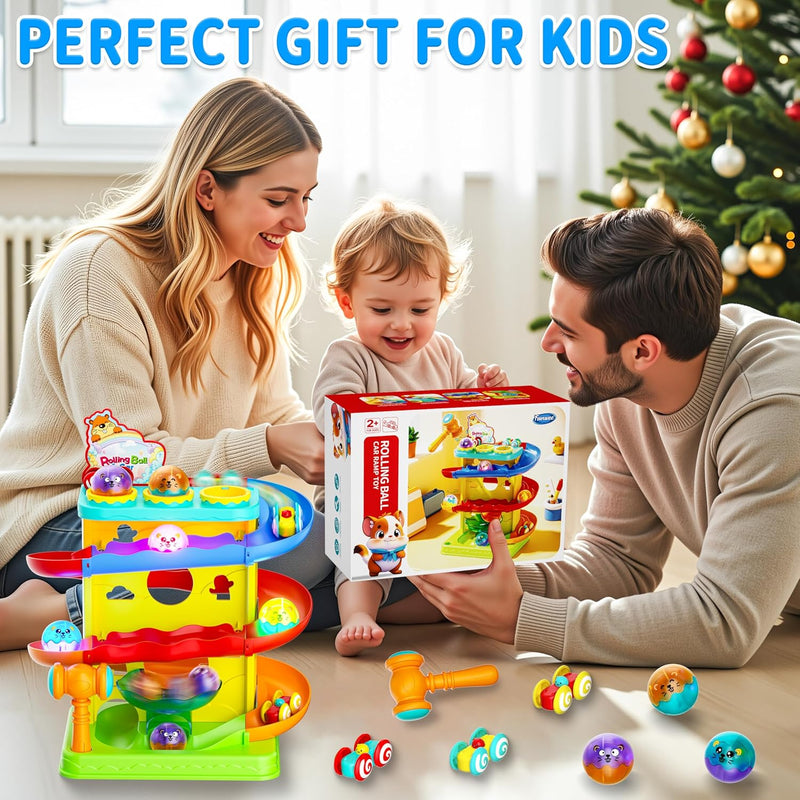 2-in-1 Light Up Rolling Ball & Racing Car Ramp Toddler Toy | Ball Drop Toy Race Track with Hammer, Interactive Montessori Learning Game & Kids 1-5+ Year Old Girl Boy Gift(Yellow)