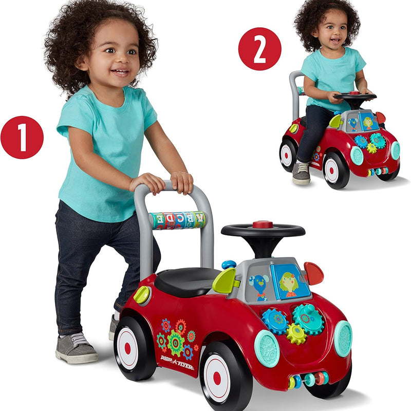 Radio Flyer Busy Buggy, 3-in-1 toddler push walker with 17 sensory activities, 42 lb capacity, ride on toys for 1-3 year olds