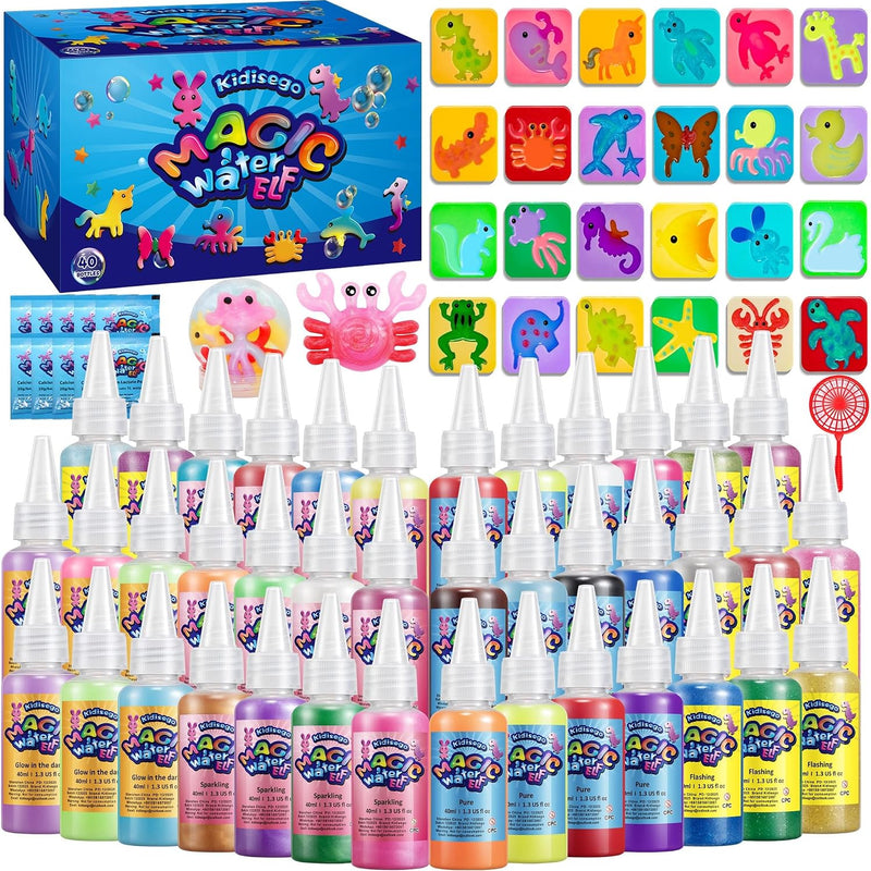 Kidisego Magic Water Elf Toy Kit, 40 Colors Aqua Fairy Water Gel Kit for Kids, Aqua Fairy kit with 24 Molds 10 Pack of Magic Powder, Crate Your Own Water Pets Craft Kits for Kids