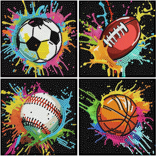 bleihum 4 Pack Diamond Art Painting Kits for Kids Ages 8-12 Sports 6X6inch | Small Diamond Art for Kids Ages 8-12, Cute Football Gem Arts and Crafts for Kid Ages 8-12 Gift Home Decor