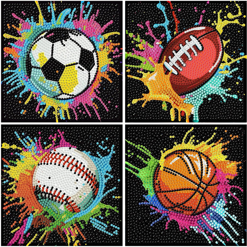 bleihum 4 Pack Diamond Art Painting Kits for Kids Ages 8-12 Sports 6X6inch | Small Diamond Art for Kids Ages 8-12, Cute Football Gem Arts and Crafts for Kid Ages 8-12 Gift Home Decor