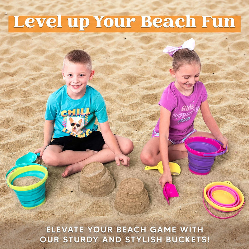 Foldable Beach Bucket Set - 3 Packs Collapsible Toy Buckets with Shovels and Mesh Backpack