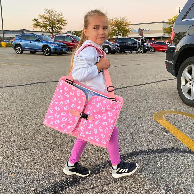 MENZOKE Kids Travel Tray for Toddler Car Seat, Road Trip Activities for Kid | Road Trip Essentials Accessories Lap Tray with iPad Holder Stand & Dry Erase Board as Travel Gifts for Kid, Pink