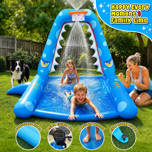 JOSEN Sprinkler for Kids Outdoor Play, Giant Inflatable Shark Water Toys Splash Pad with Basketball Hoop, Fun Sprinkler Summer Outdoor Game for 3-8 Years Old Children Boys Girls Birthday Gift