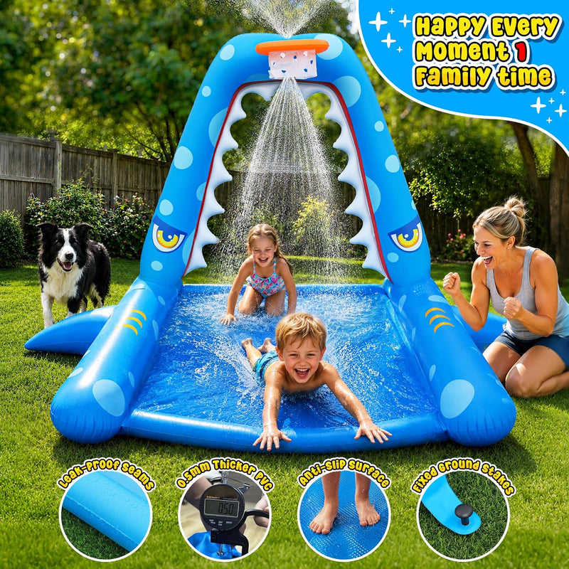 JOSEN Sprinkler for Kids Outdoor Play, Giant Inflatable Shark Water Toys Splash Pad with Basketball Hoop, Fun Sprinkler Summer Outdoor Game for 3-8 Years Old Children Boys Girls Birthday Gift