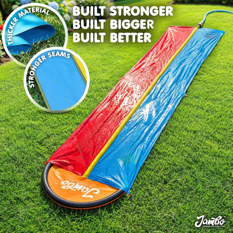 JAMBO Premium 24Ft Budget Slip Splash and Slide, Heavy Duty Water Slide with Advanced Sprinkler System, Backyard Waterslide, Splash Mat, Outdoor Water Toys n Slides for Kids