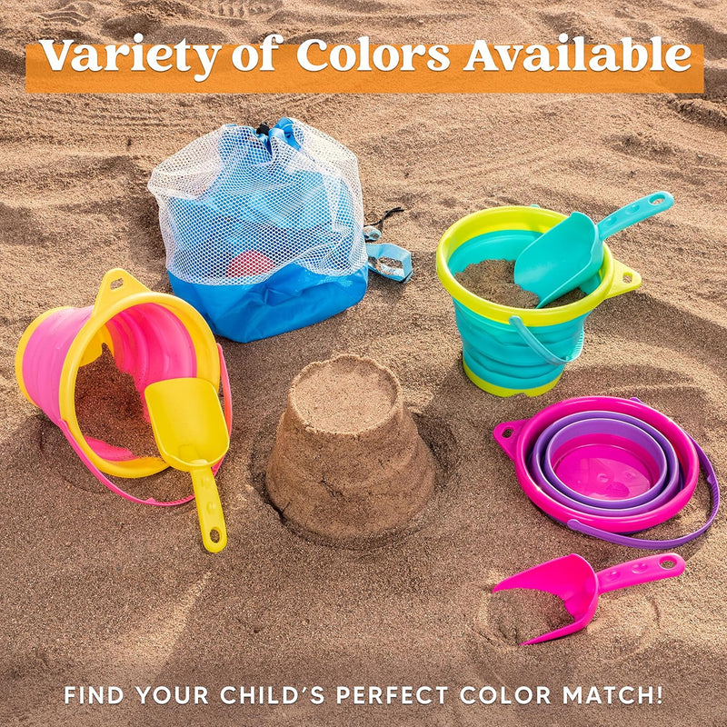 Foldable Beach Bucket Set - 3 Packs Collapsible Toy Buckets with Shovels and Mesh Backpack