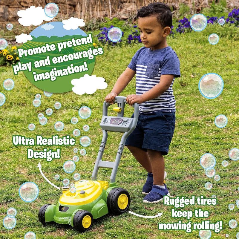 John Deere bubble lawn mower for toddlers with bubble blowing machines, no batteries required, 2+ years old