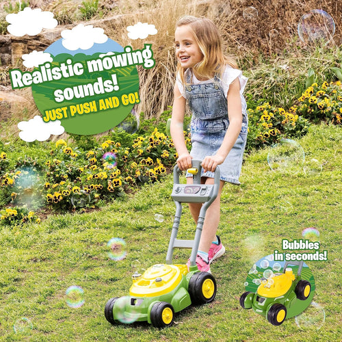 John Deere bubble lawn mower for toddlers with bubble blowing machines, no batteries required, 2+ years old