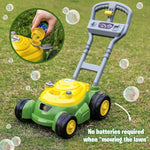 John Deere bubble lawn mower for toddlers with bubble blowing machines, no batteries required, 2+ years old